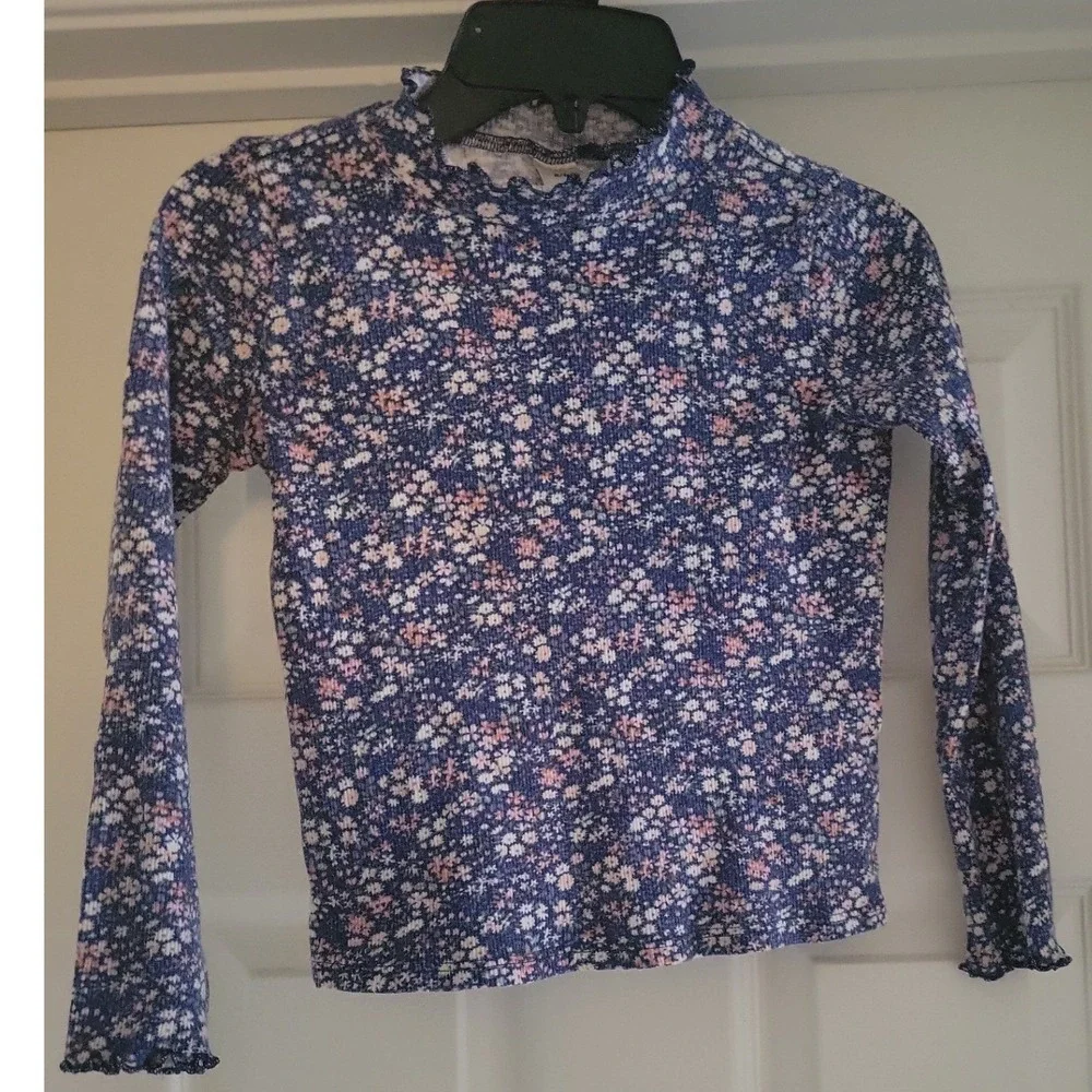 OshKosh B'gosh Girls Blue Ditsy Floral Ribbed Mock Neck Long Sleeve Top Size 8